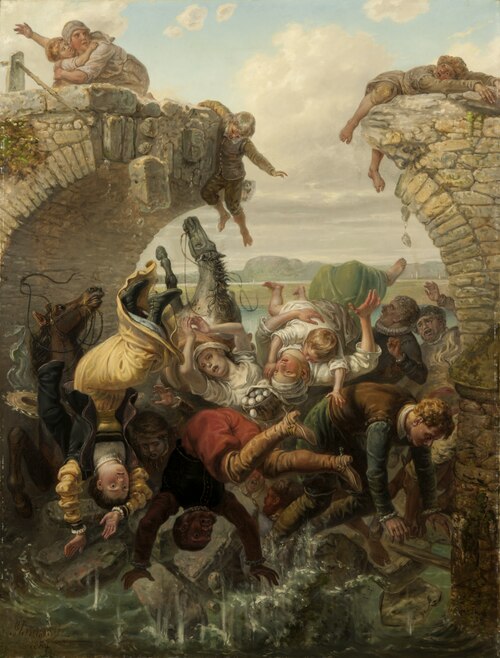 The Bridge at Nya Lödöse Collapsing into the River Säve in 1543, 1884, Gustaf Brusewitz