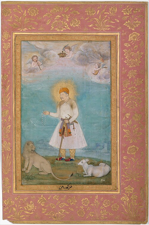 "Akbar With Lion and Calf", Folio from the Shah Jahan Album, 1630, Govardhan
