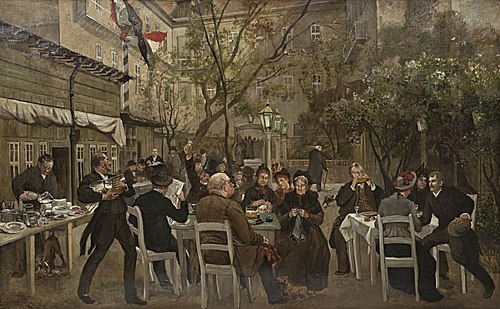 Weißbierausschank im Hinterhofgarten - Garten der Berliner Weißbierbrauerei Gabriel & Jäger, 1878, Franz Skarbina