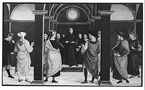 Hall: St. Augustinus as pater speaking to twelve men, 1508, Raphaël