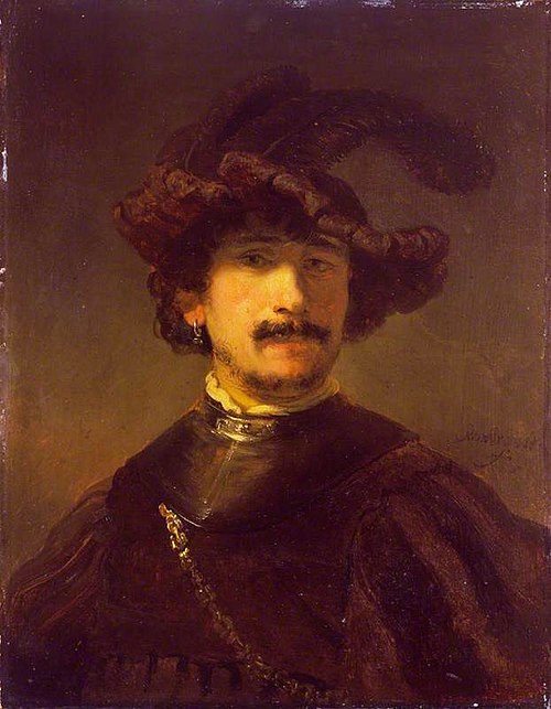Bust of a man in a gorget and feather bonnet, 1634, Rembrandt