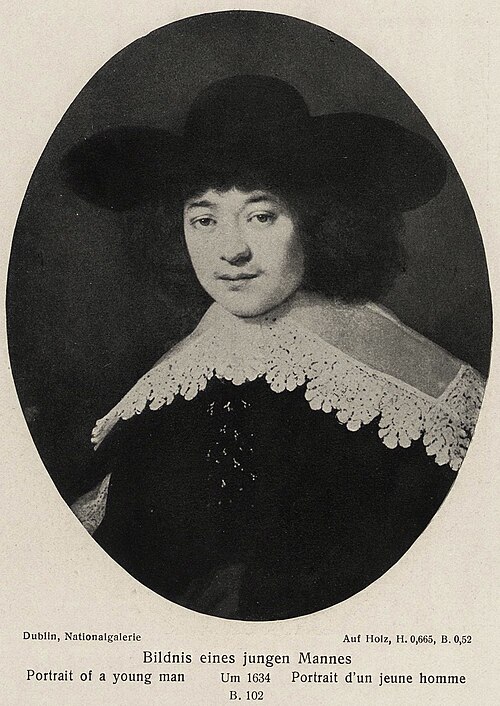 Oval portrait of a man wearing a split-sleeve jacket with flat lace collar and broad-brimmed hat, 1634, Rembrandt