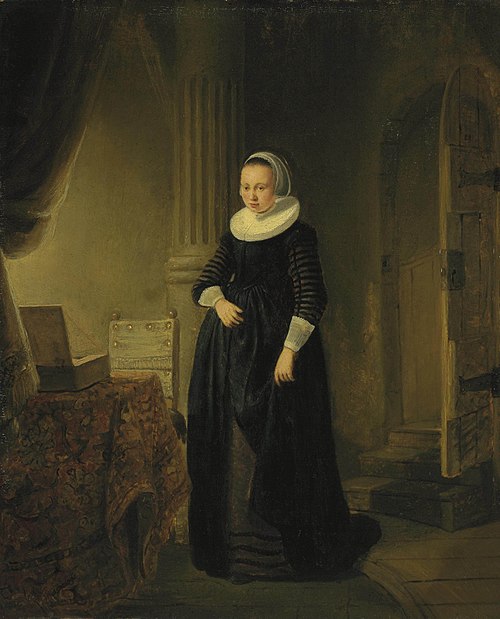 Portrait of a woman, standing full length in an interior, 1630, Rembrandt