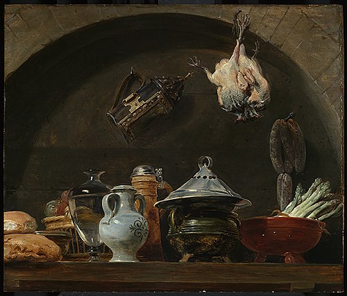 A still life with various pottery, bread, a lamp and plucked poulty in a niche, 1630, Pierre Paul Rubens