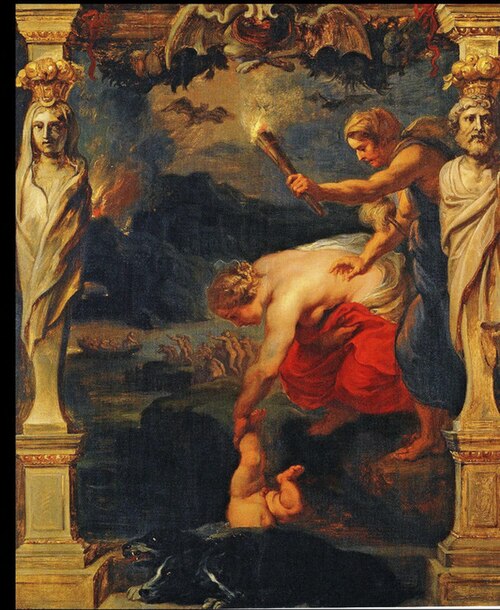 Achilles dipped into the river Styx, 1635, Pierre Paul Rubens