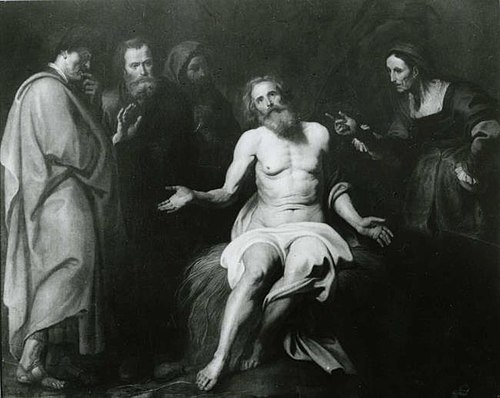 Job seated on a dunghill between his wife and his three friends (Job 1-42), after 1613, 1640, Peter Paul Rubens