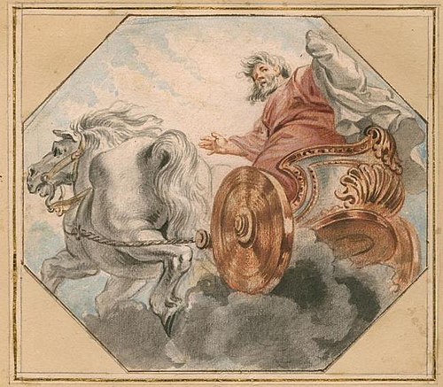 The prophet Elijah is carried up into heaven in a chariot with horses of fire in a whirlwind; his cl, 1730, Pierre Paul Rubens