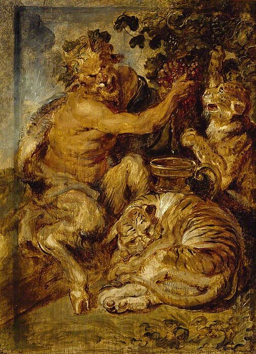 A Satyr pressing Grapes with a Tiger and Leopard, 1618, Pierre Paul Rubens