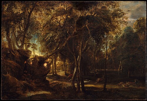 A Forest at Dawn with a Deer Hunt, 1635, Pierre Paul Rubens