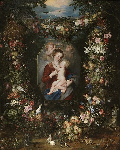The Virgin and Child in a Painting surrounded by Fruit and Flowers, 1617, Pierre Paul Rubens