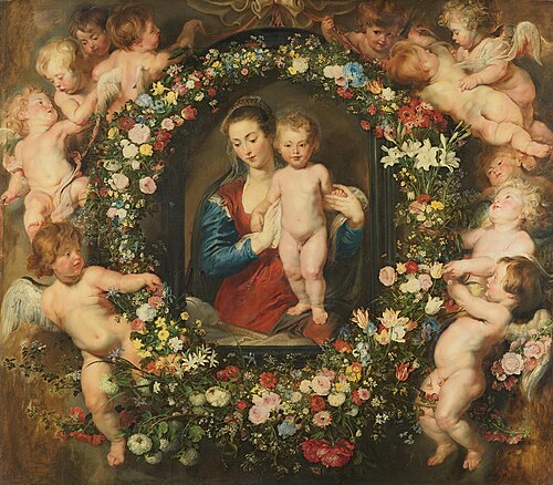Vierge à l'Enfant entourée d'une guirlande de fleurs., 1619, Pierre Paul Rubens