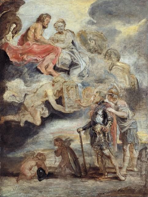 Minerva presents the portrait of Maria de' Medici to King Henry IV of France (sketch), 1622, Peter Paul Rubens