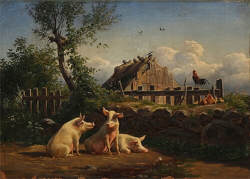 Farm idyll with pigs and chickens, 1857, Carl Henrik Bogh