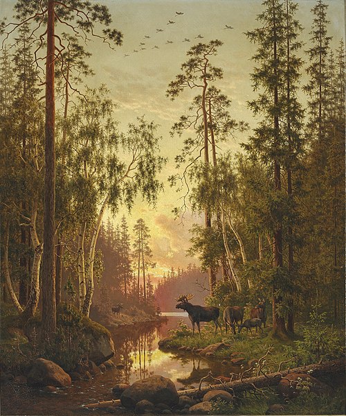 Forest scene with elks. Evening, 1879, Carl Henrik Bogh