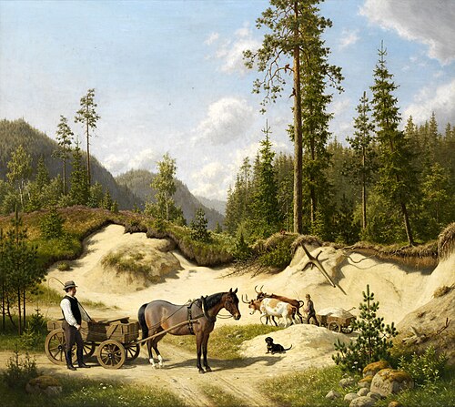 Two men with carts in front of a pine forest, , Carl Henrik Bogh