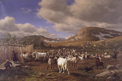 A reindeer herd is driven to the milking parlor. Motif from the high mountains north of Røros, 1875, Carl Henrik Bogh