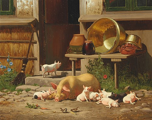 Summer day with a sow and her piglets, 1875, Carl Henrik Bogh