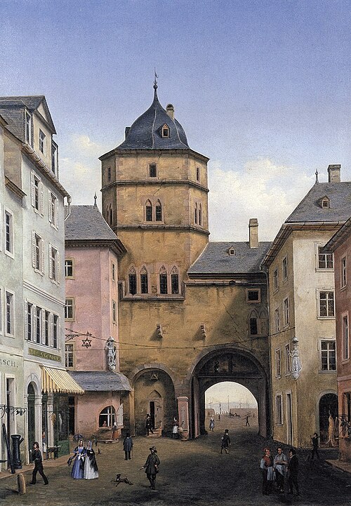 View of the Mainz fish tower from the city side, Liebfrauenplatz., 1840, Heinrich Kempf