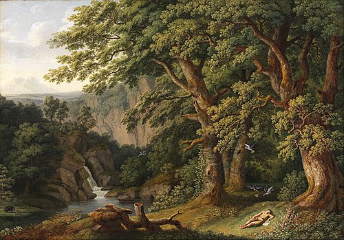 Waldlandschaft mit dem schlafenden, von Tauben behüteten Knaben Horaz, 1805, Jacob Philipp Hackert