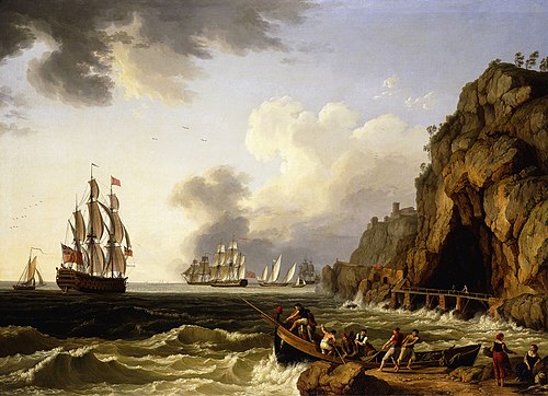 Blick auf die Küste bei Neapel mit einem Royal Navy-Schiff, 1777, Jacob Philipp Hackert