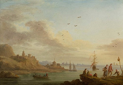 Fischer an der Küste. Links im Hintergrund eine Festung auf einem Fels, 1767, Jacob Philipp Hackert