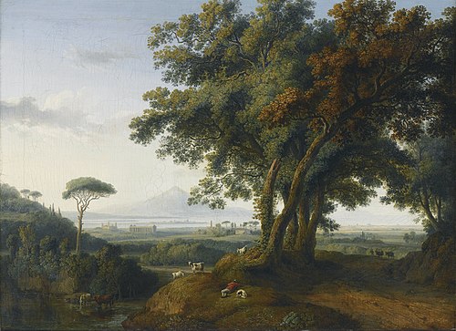 An Italian Capriccio Veduta, with a Greek temple near shoreline, and a distant volcano, 1778, Jacob Philipp Hackert