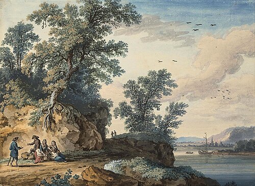 Travellers resting beside a river, with a town, 1766, Jacob Philipp Hackert