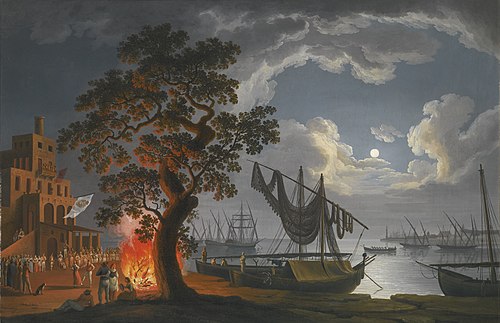 A custom house, Naples, by moonlight with dancers and musicians by a fire, 1780, Jacob Philipp Hackert