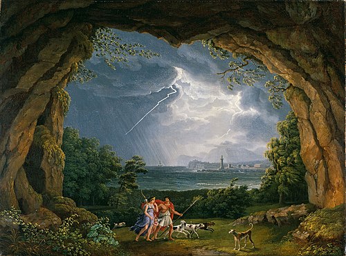 Aeneas und Dido flüchten vor dem Unwetter in eine Grotte, 1804, Jacob Philipp Hackert