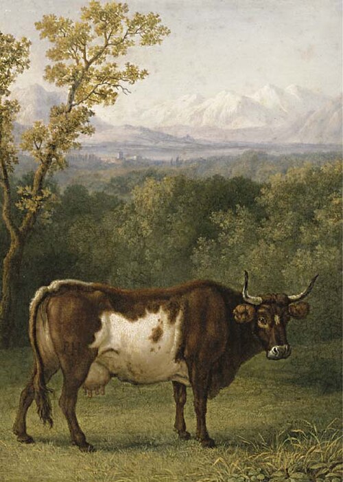 A cow out to pasture, an Alpine landscape beyond, , Jacob Philipp Hackert