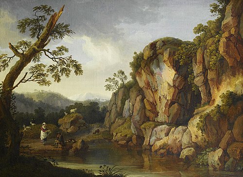 Peasants grazing their cattle beside a lake, in a campagna landscape, 1770, Jacob Philipp Hackert