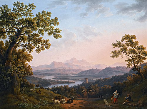 Ansicht des Tibertales in Richtung Poggio Mirteto, im Hintergrund die Sabiner Berge im Licht der unt, 1799, Jacob Philipp Hackert