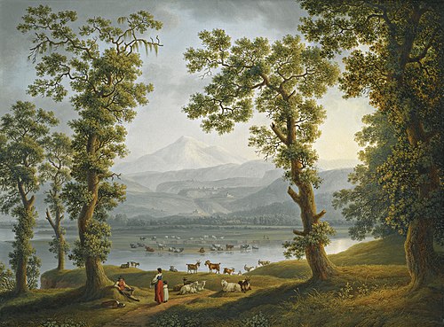 Veduta di Piedimonte d'Alliffe, del Mattese e del Montemiletto, presa alla Scaffa/sul Voltorno, 1800, Jacob Philipp Hackert