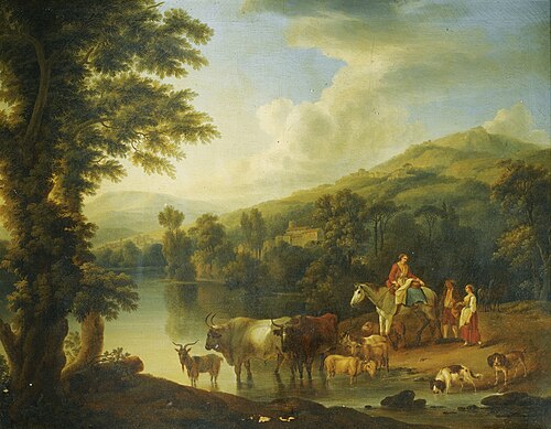 A wooded river landscape with a woman on a grey  horse with animals watering, 1771, Jacob Philipp Hackert