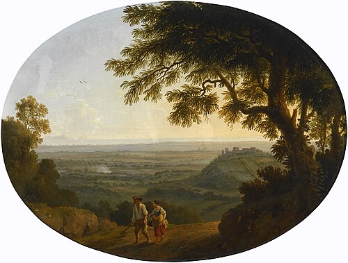 A view across the Alban Hills a hilltop on the right and the ses in the far distance, 1772, Jacob Philipp Hackert