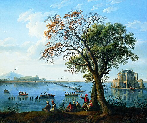 Ferdinand IV. hunting coots at lake Fusaro, 1783, Jacob Philipp Hackert