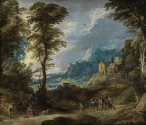 Mountain landscape with pilgrims, 1625, Joos de Momper