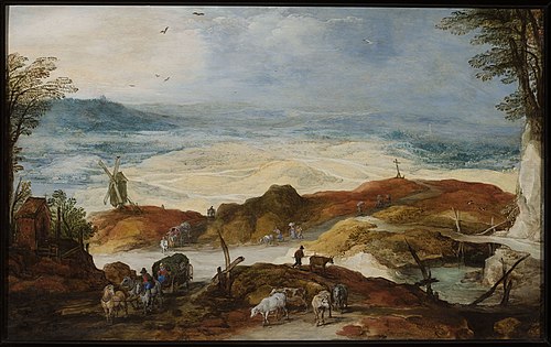 Sandy landscape with travellers and cattle, 1612, Joos de Momper