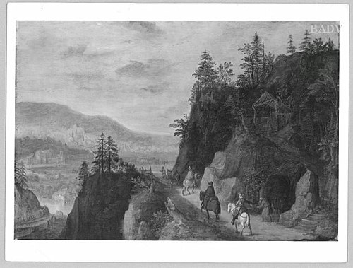 Travellors + hermits in mountain-landscape, 1618, Joos de Momper