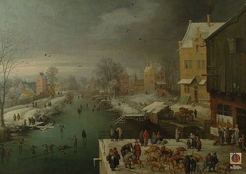 Winter landscape with skaters and a pig market, 1615, Joos de Momper