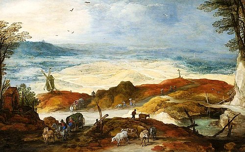 Paysage en sable avec les voyageurs et les bovins (La colline de sable)., 1610, Joos de Momper