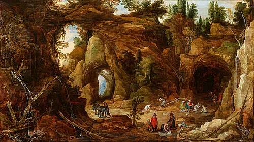 Rocky Landscape with Figures by a Cave, 1616, Joos de Momper
