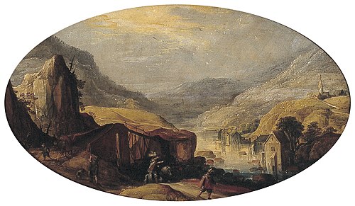 Riviervallei met reizigers, 1612, Joos de Momper