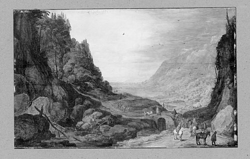 rocky landscape with riders, 1599, Joos de Momper