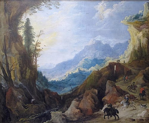 Paysage montagneux avec un pont et quatre cavaliers, 1600, Joos de Momper