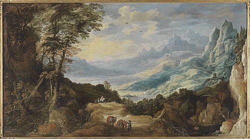 Große Gebirgslandschaft mit Reisenden, 1623, Joos de Momper