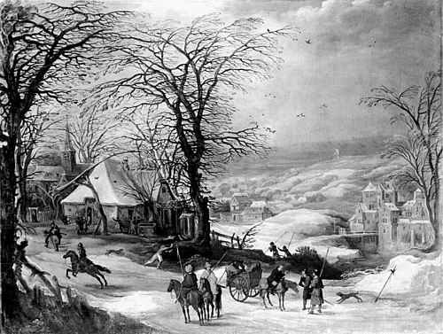 Paysage d'hiver avec des soldats pillant un village, 1650, Joos de Momper