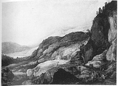 Moutainous landscape with four riders and two beggars, 1599, Joos de Momper