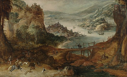 Paysage fluvial avec chasse au sanglier, 1600, Joos de Momper