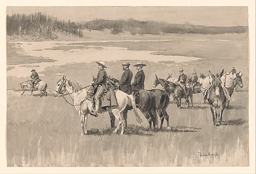 On the Head-Waters--Burgess Finding a Ford, 1893, Frederic Remington
